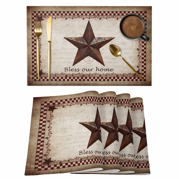 Texas Star Vintage Placemats Set of 6, Bless Our Home Western Stars Country Placemats for Dining Table, Place Mats for Kitchen Tabletop, Waterproof Wipeable Dining Table Mats Set