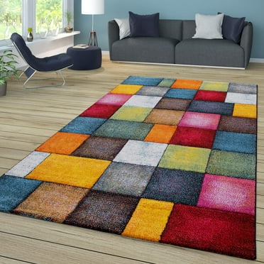 Colorful Living Room Rug Check Design with Squares Multicolor