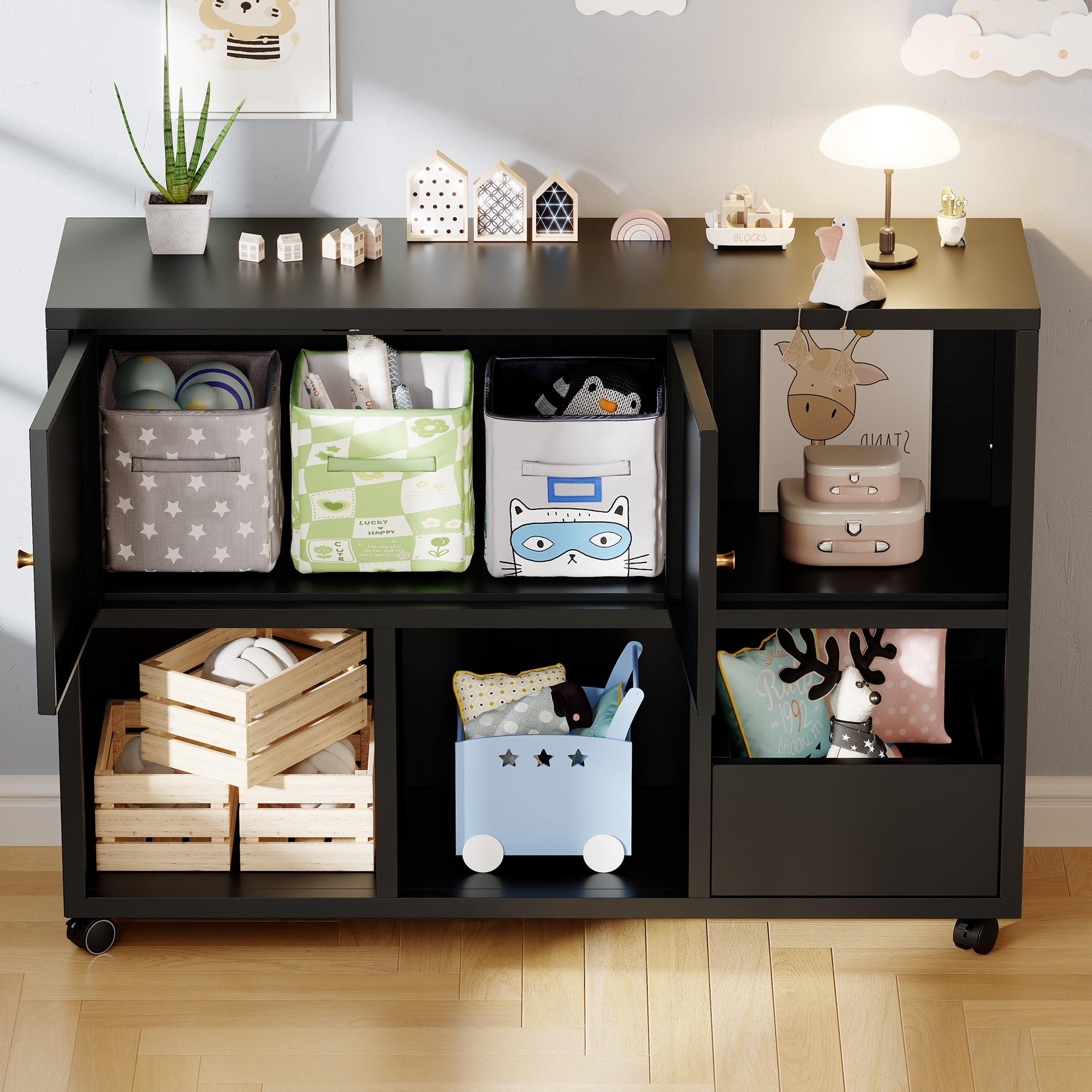 HOQBN Toy Storage Cabinet with 4 Wheels,Cubes Storage Bins Cubes with Open Cubbies & Closed Cabinets,Metal Storage Furniture for Playroom,Living Room,Black