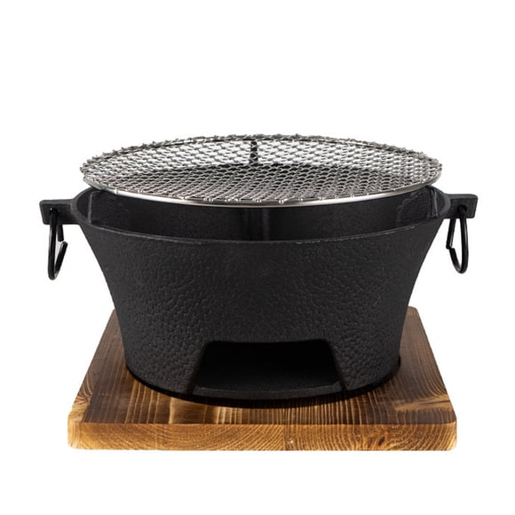 TFixol Portable Cast Iron Charcoal Stove for Outdoor Camping, BBQ, and Tea Brewing with Wooden Base, Available in Small and Large Sizes (28cm)