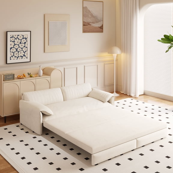 66" Queen Pull-Out Sleeper Sofa Bed, 3-in-1 Convertible Velvet Loveseat with Side Storage, Multi-Functional Upholstered Couch for Apartment, Living Room, Bedroom, Office, Beige