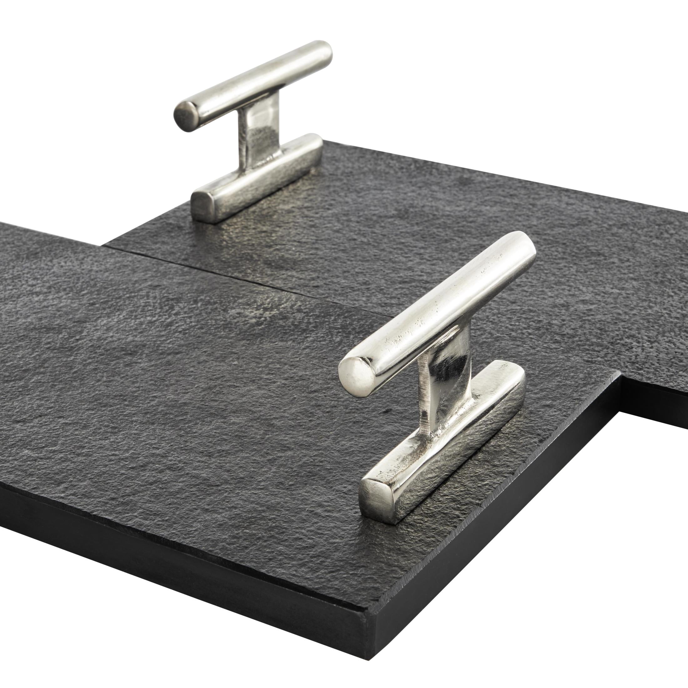 DecMode 22", 18"W Black Marble Textured Tray with Silver Handles, 2-Pieces