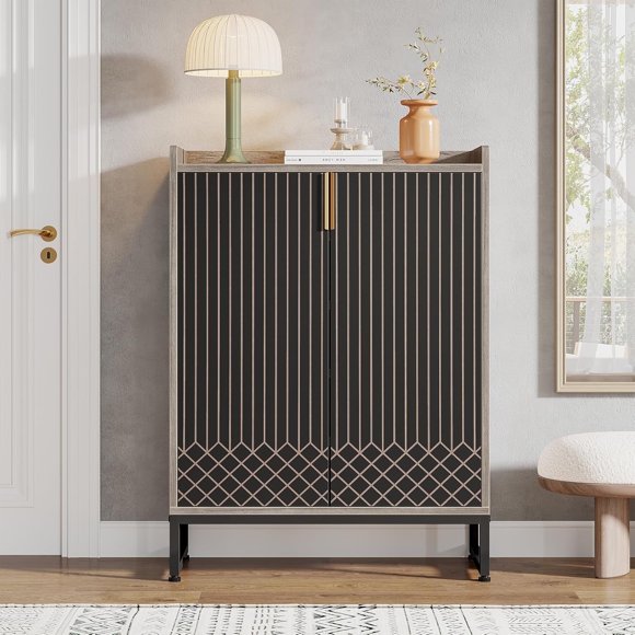 Fnova Armoire Rustique à 5 Niveaux, Armoire Latérale avec Tablette Ouverte, Rangement pour Chaussures avec 2 Portes, Pattes en Acier, Assemblage Facile pour Entrée, Couloir, Salon, Salle de Bain