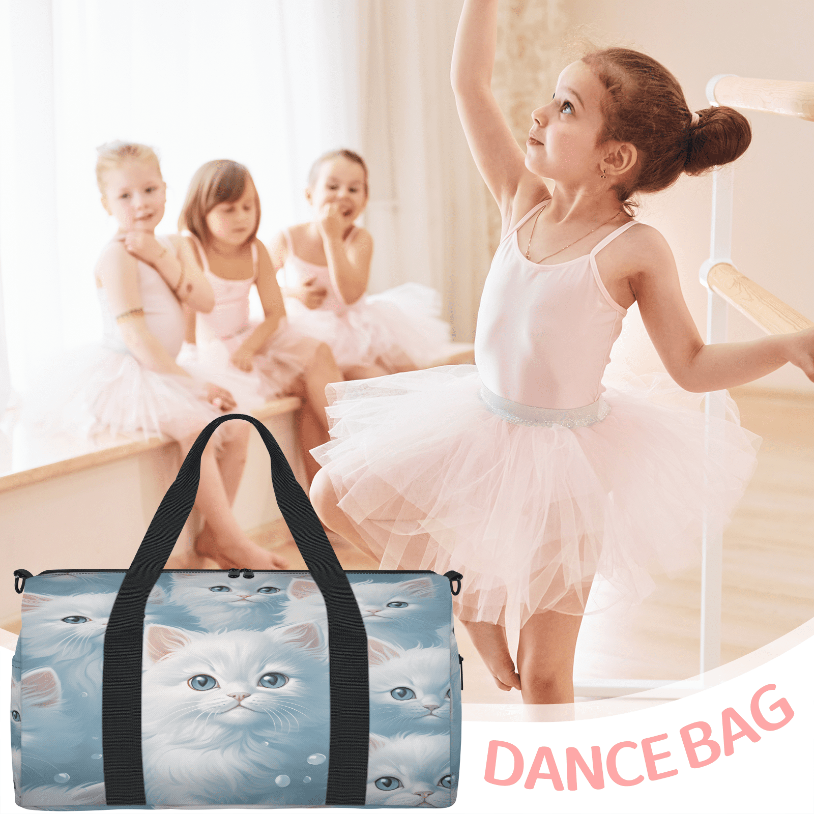 Herdesigns Cat Gym Bag for Women, Duffle Bag for Travel Sport, Cute Cat Lightweight Waterproof Carry on Weekender Dance Yoga Workout Bags