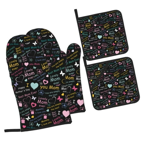 

Zeuib I love you Mom Oven Mitts and Potholders BBQ Gloves Kitchen Oven Glove High Heat Resistant 500 Degree Extra Long Oven Mitts and Potholder with Non-Slip Silicone Surface for Cooking