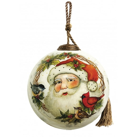 Winter Wreath Forest Santa Hand Painted Mouth Blown Glass Ornament