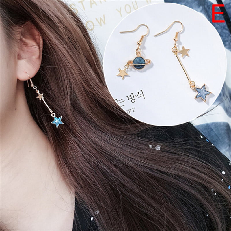 sky blue earrings crescent and stars celestial jewelry moon and stars silver earrings dangle Czech crystal sky blue for women for girlfriend