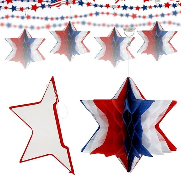 4PCS Patriotic Star 4th of July Paper Cutouts Independence Day Star for Memorial Day DIY Bulletin Board Cutouts for Kids Patriotic Theme Party Decoration Honeycomb Pendant