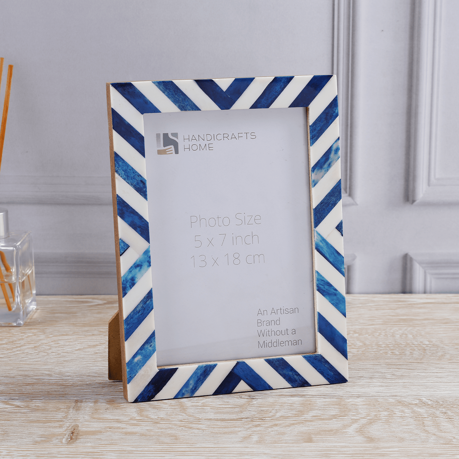 Handicrafts Home 5x7 Picture Frame, Blue Chevron Bone Inlay Photo Frame, Wall or Tabletop Picture Frame for Home Wall Decor