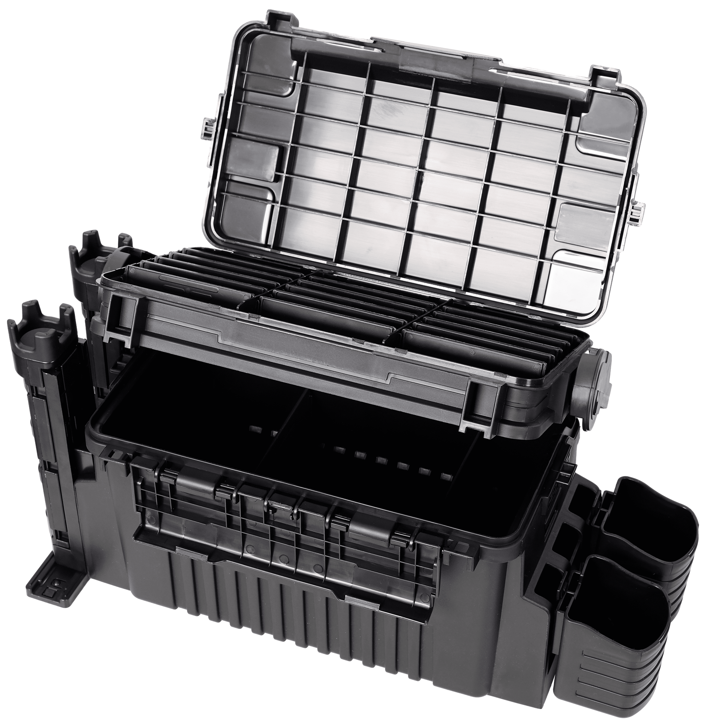 Dual-layer Fishing Tackle Box,Tackle Box Organizer Fishing Box Large,With 2pcs Rod Holder,2pcs Cup Holder,1pc Carring Strap,Black
