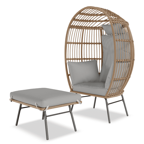 TENSAKEE Indoor/Outdoor Oversized Wicker Egg Chair with Ottoman, Waterproof UV Resistant Patio Lounge Chair with Grey Cushions, Accent Furniture for Garden, Balcony, Living Room