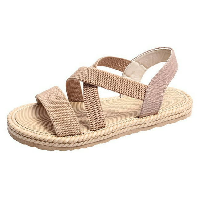 Womens Flat Sandals Slip on Cross Straps Elastic Open Toe Thick Sole Summer Beach Sandals Beige
