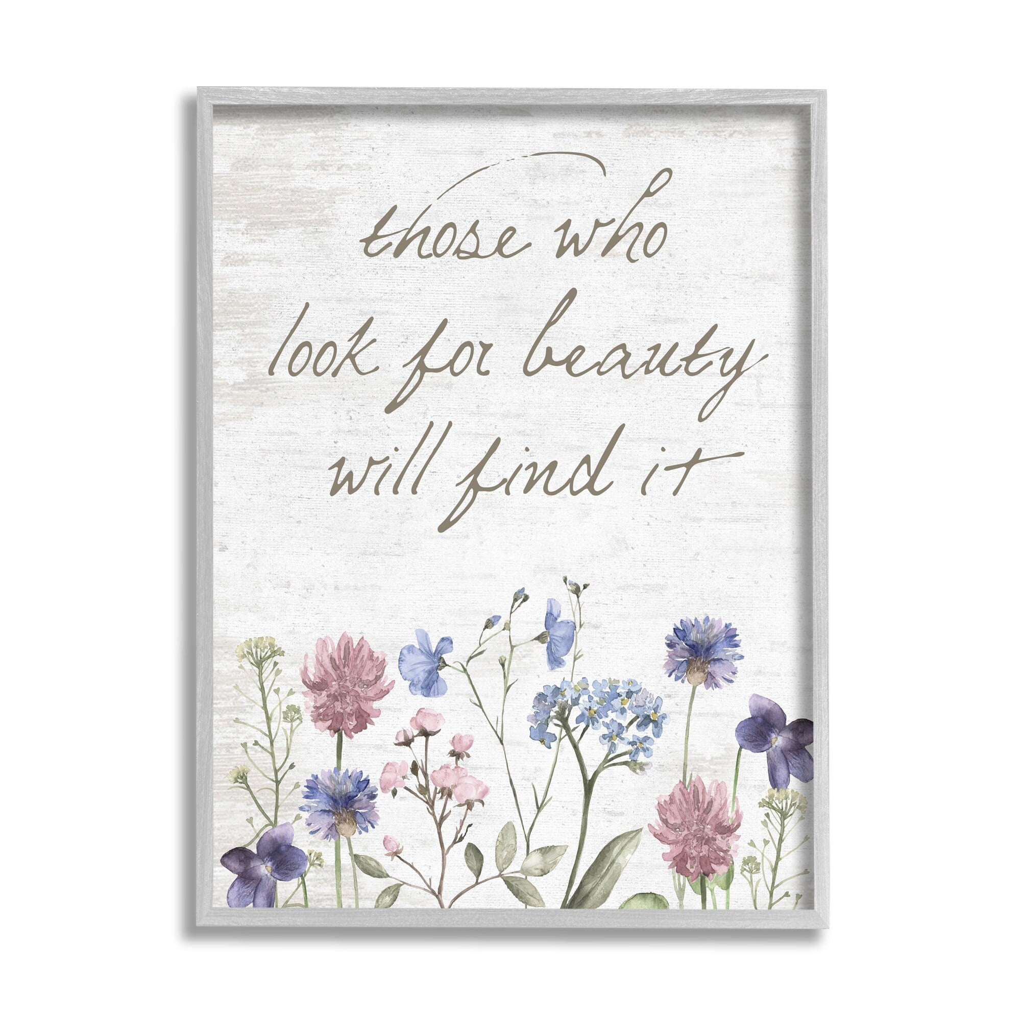 Stupell Industries Look For Beauty Inspiring Flower Blossom Calligraphy Graphic Art Gray Framed Art Print Wall Art, Design by Lettered and Lined