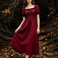 thumbnail image 4 of Women's Renaissance Peasant Dress Short Puff Sleeve Square Neck Lace Up Corset Vintage Medieval Irish Wench Maxi Dress for Halloween Cosplay Festival, 4 of 9