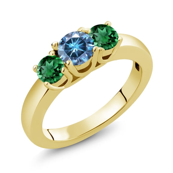 Gem Stone King 18K Yellow Gold Plated Silver 3-Stone Ring Round Persian Blue Moissanite and Nano Emerald Green (1.10 Cttw, Size 9)