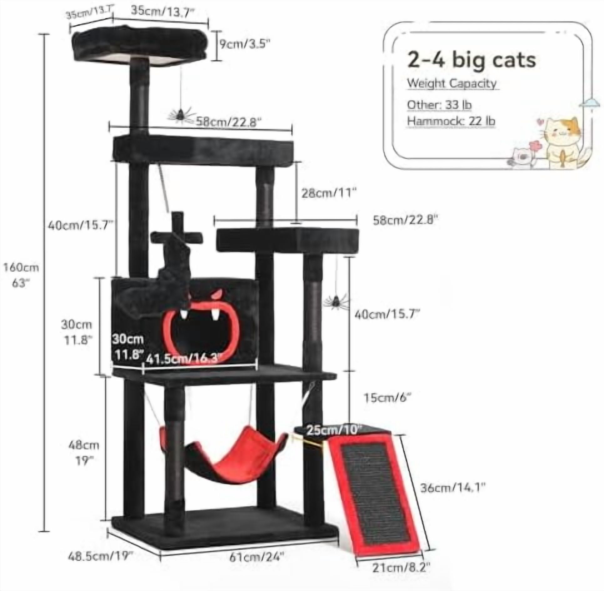 Gothic Cat Tree with Coffin Bed, 63" Tall Cat Tower for Indoor Cats with Top Perch, Spacious Cat Condos, Spider Hanging Balls,Comfy Hammock, Scratching Post and Ladder, Black Halloween
