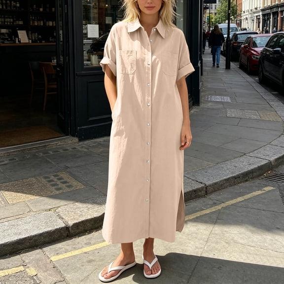 Sokhug Womens Maxi Shirt Dress Cotton Blend Short Sleeve Button Down Dress with Pockets Side Split Loose Casual Dresses