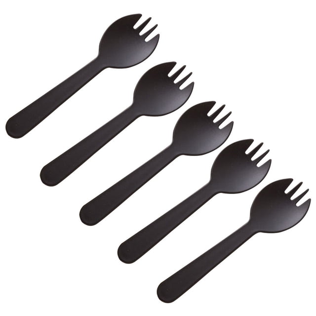 EeaseMX 100 tenedores/cucharas desechables de plástico creativos 2 en 1 para pasteles, helados, ensaladas, frutas y postres (negros)