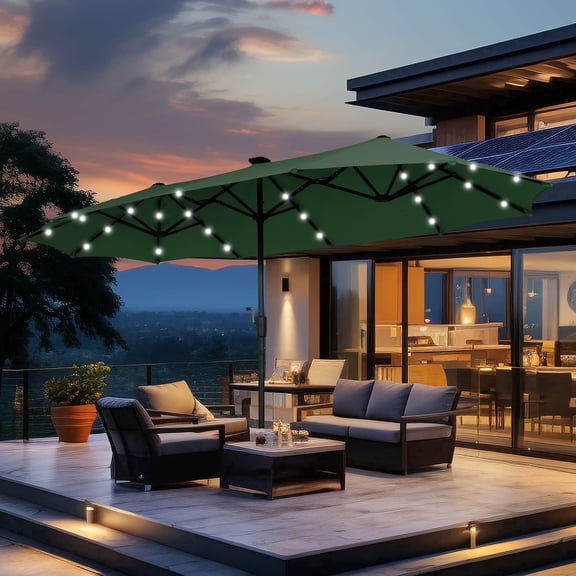 Ainfox 13ft Large Patio Umbrella with Solar Lights, Outdoor Double-Sided Rectangle Market Heavy Duty Umbrellas without Base,Green