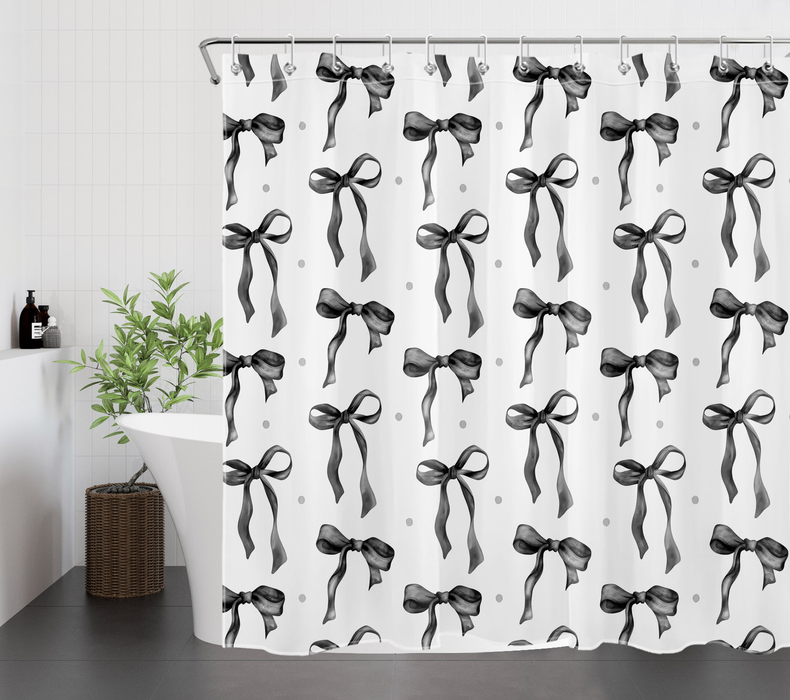 HVEST Black Bow Shower Curtain with Black and White Design - Modern Simple Aesthetic Bathroom Decor, Waterproof Polyester Fabric, Includes 12 Hooks, 72x78 Inches