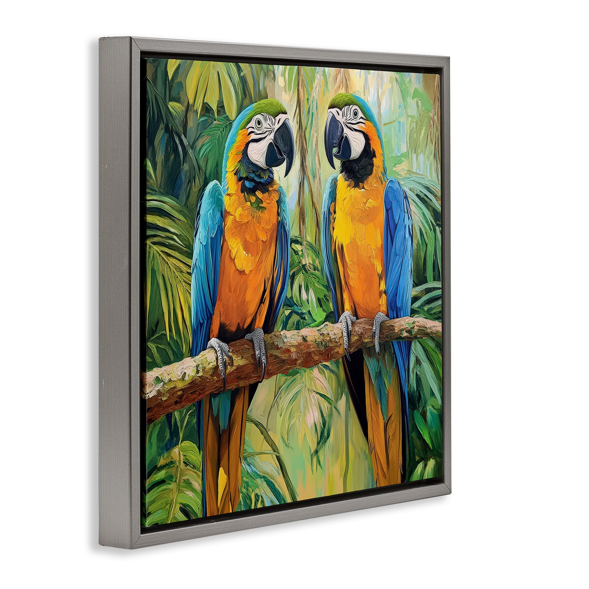 Stupell Industries Two Macaws Among Foliage Gray Framed Floater Canvas Wall Art, design by Petal Prints Design