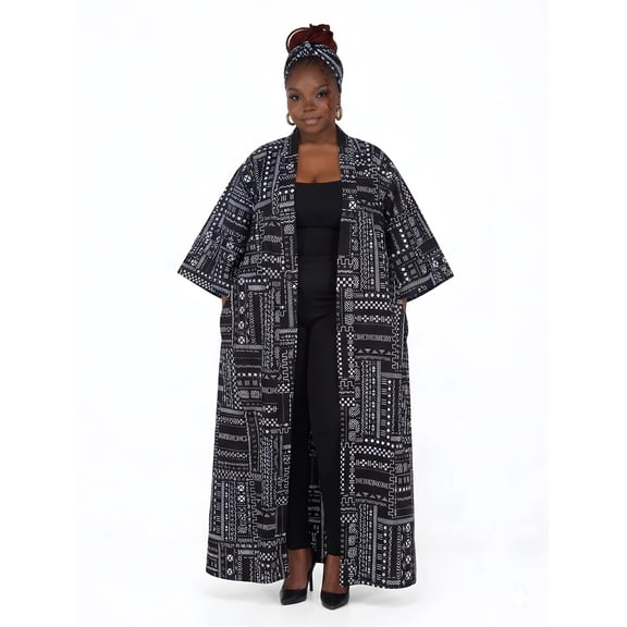 Long African Print Kimono for Women, 100% Cotton Ankle Length Robe with Pockets and Matching Head Wrap