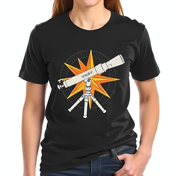 Vintage Telescope & Radiating Sun Graphic Cotton Short Sleeve T-Shirt - Astronomy Inspired Design
