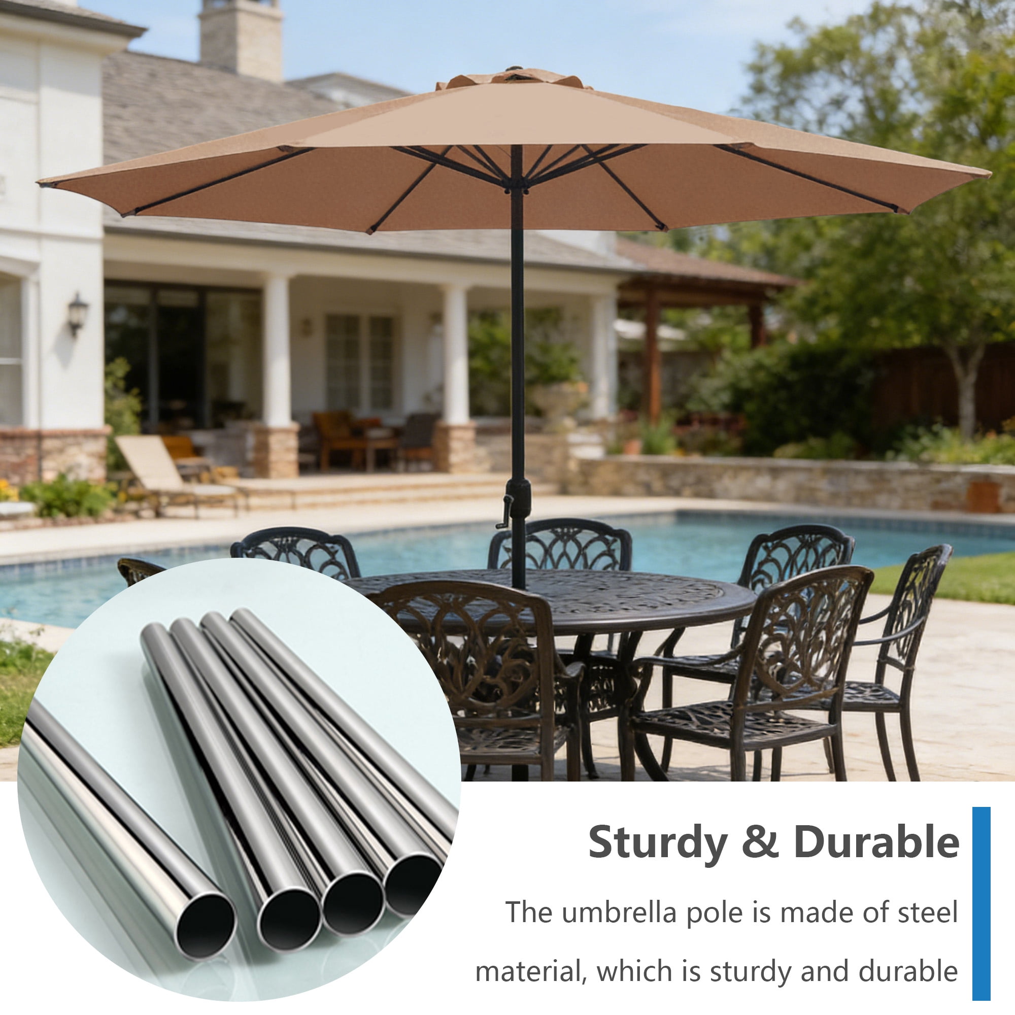 Abble 11FT Outdoor Patio Umbrella with Crank Handle, Market Umbrella with 8 Sturdy Umbrella Ribs, Waterproof for Garden Deck Backyard Pool, Tan