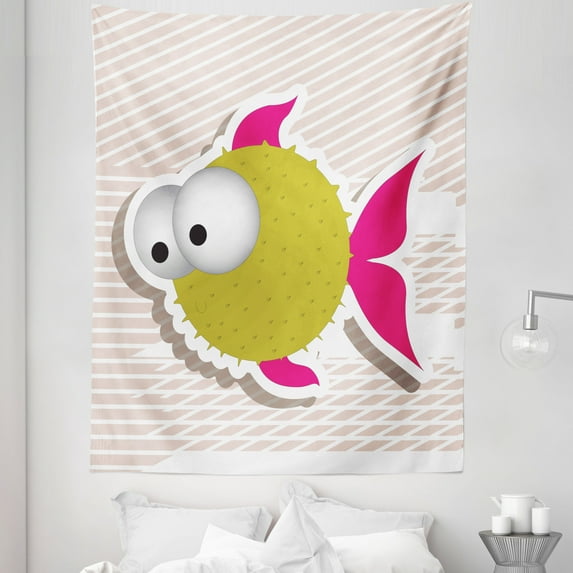 Fish Tapestry, Comical Illustration of a Bubble Fish Abstract Blowfish with Huge Eyes Humor Print, Fabric Wall Hanging Decor for Bedroom Living Room Dorm, 5 Sizes, Multicolor, by Ambesonne