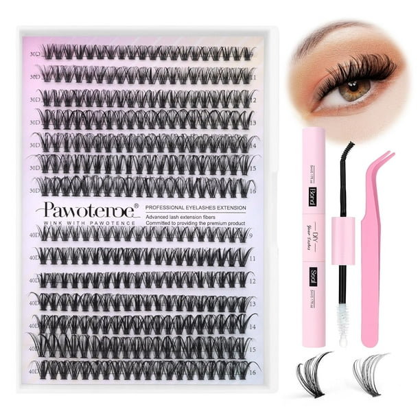 Kit de extensión de pestañas DIY, 280 piezas de pestañas individuales, ojo de gato, kit de extensión de pestañas rizadas 40D, grupos de pestañas con unión de pestañas y sello y pinzas de pestañas para