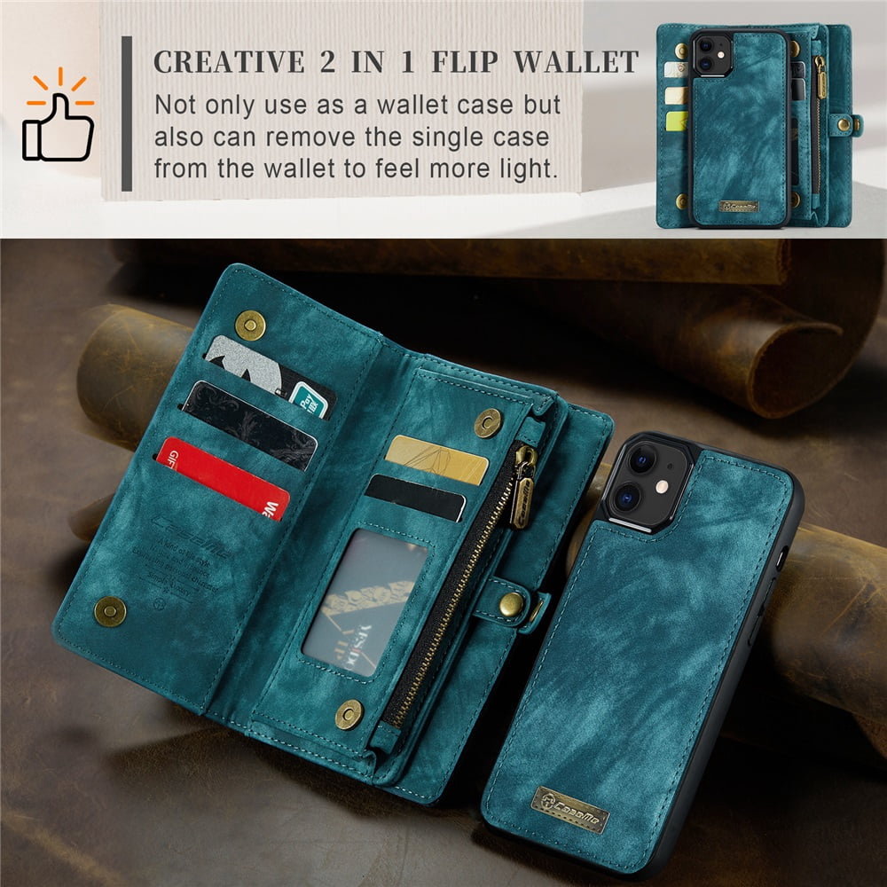 CaseMe Leather Case for iPhone 13,2 in 1 Detachable Wallet Case with 8-Card Holder Zipper Bills Slot,Magnetic Shockproof Flip Leather Cover Zipper Pocket Phone Cases,Blue,For iPhone 13