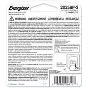 Energizer, EVE2025BP2, 2025 3V Watch/Electronic Batteries, 2 / Pack, Silver