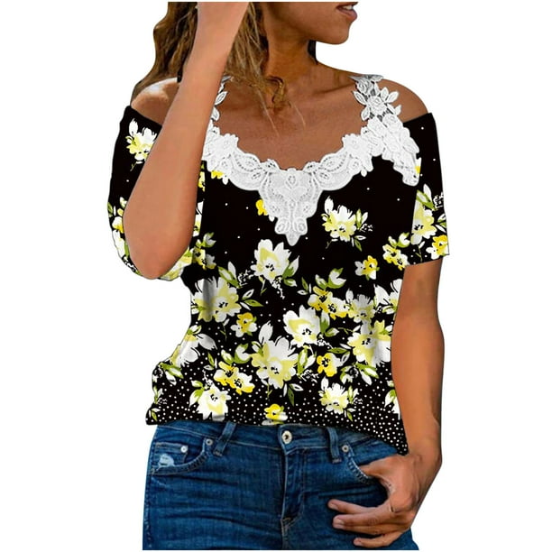 Blusa informal de manga corta con cuello en V y encaje con hombros descubiertos para mujer OAVQHLG3B Store lin121212
