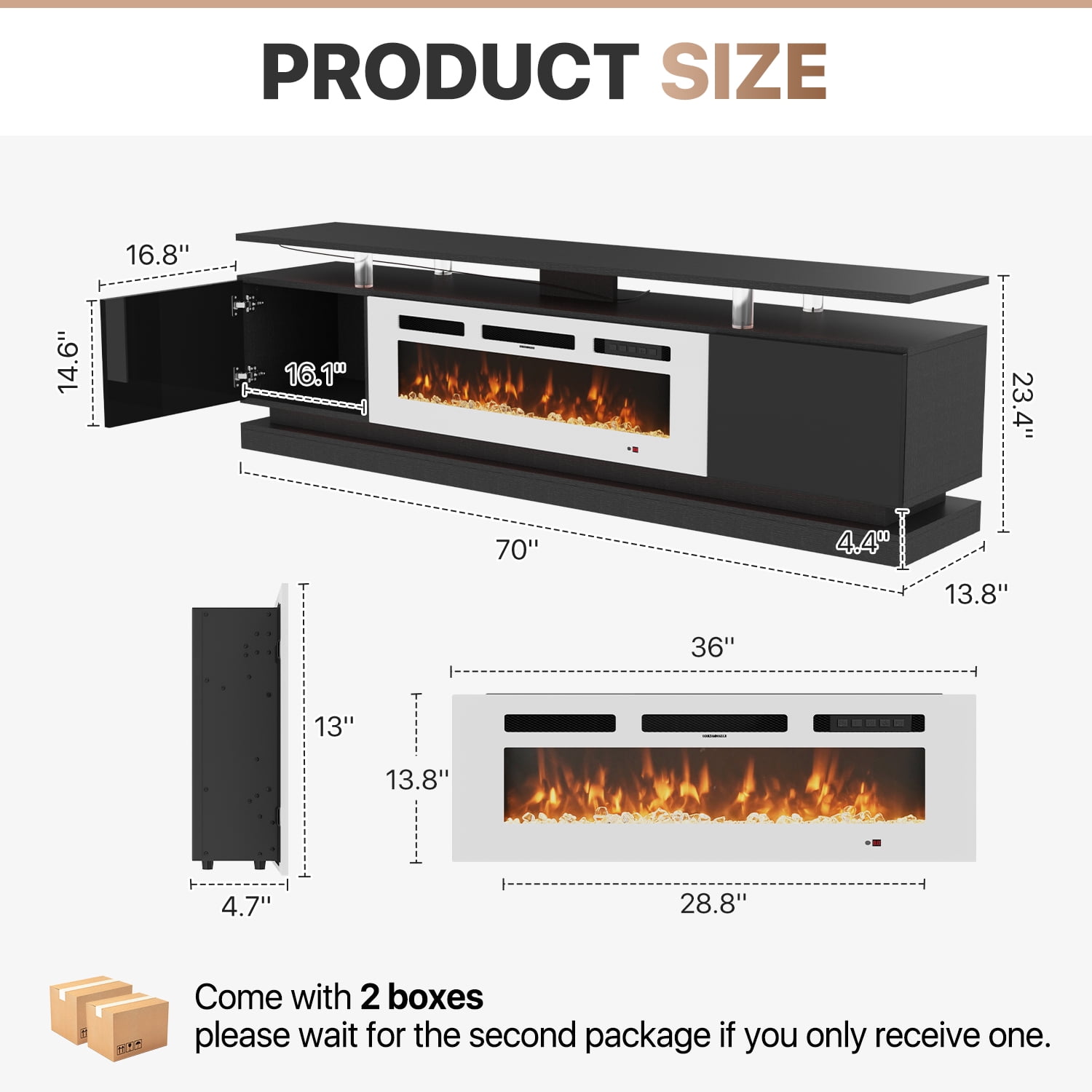 Sonegra Modern Fireplace TV Stand for TVs Up to 80" with Music Sync LED, 70" Entertainment Center with Electric Fireplace, TV Console with Storage Cabinets for Living Room, Black
