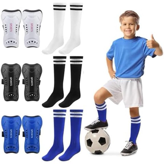 3 Pairs Soccer Shin Guards for Kids Youth 3 Pairs Long Soccer Socks Flexible Football Shin Pads Shin Protectors for 6-15 Years Old Boys Girls Children Teenagers for Boys and Girls for Football Games