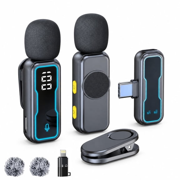 Fosoundpro Wireless Mini Microphone for iPhone, Android Phone, 2 Pack Lavalier Lapel Mic for Audio Video Recording - Clip on Content Creator Microphones for YouTube Tiktok Podcast Vlogging