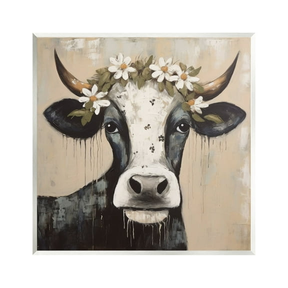 Stupell Industries Black Cow & Daisy Crown Animals & Insects Painting Unframed Art Print Wall Art, 12 x 12