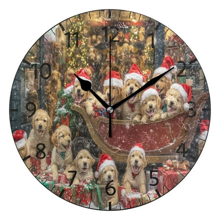 YAZAOO Decorative Wall Clock Size： 25 cm Puppies in Sleigh with Presents Design Pattern Clock photo