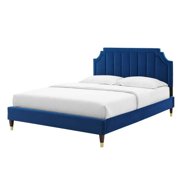 Platform Bed Frame, Queen Size, Velvet, Blue Navy, Modern Contemporary Urban Design, Bedroom Master Guest Suite