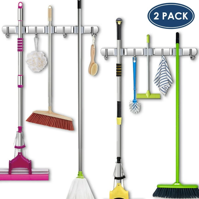 Qiilu Qiilu 2Pcs Wall Mounted Mop Broom Hoolder Stainless Steel 3 Clips and 4 Hooks Gray Mop Hanger Storage Rack for Kitchen