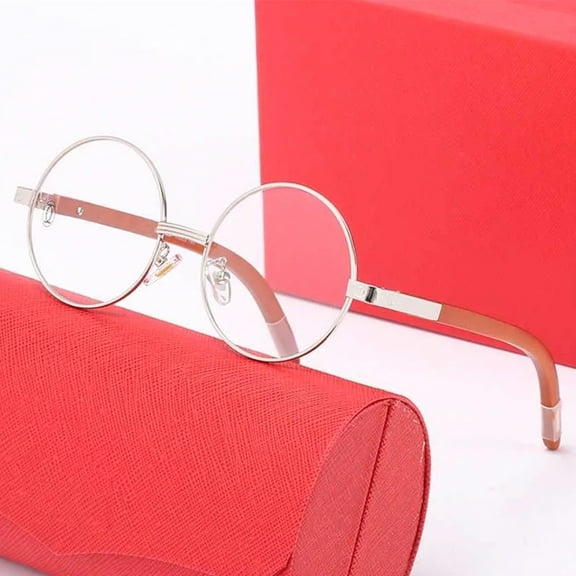 Vintage Large Round Clear Tint Silver Lens Wood Frame Retro Hip Hop Circle Glasses