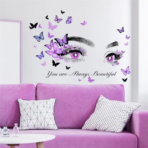 Purple Eyelash Eyes Butterfly Wall Stickers, Inspirational Quotes Motivational Word DIY Wall Decals Removable Vinyl Peel and Stick for Women Girl Kids Living Room Bedroom Nursery Art Decor$$Tools