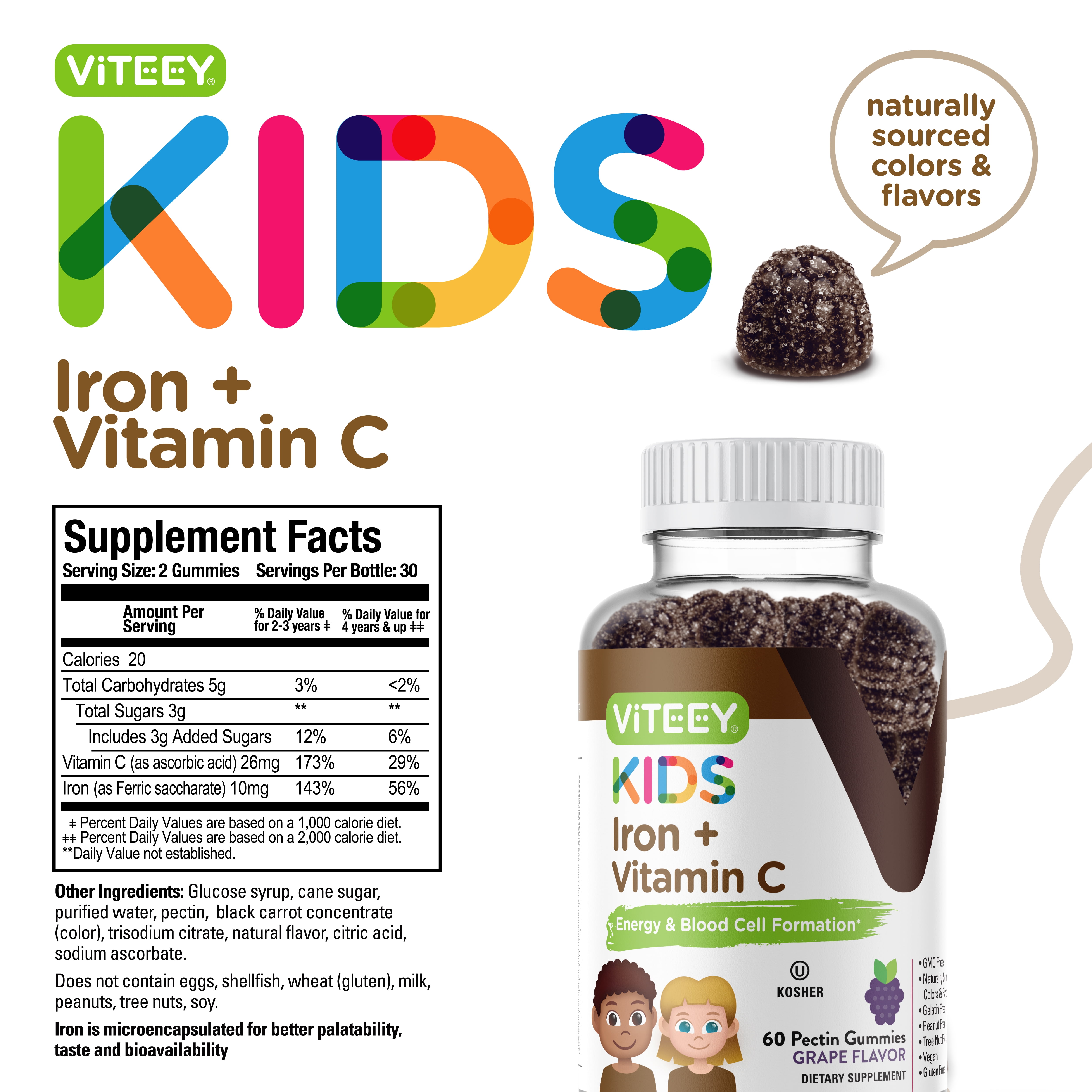 Viteey Iron Gummies for Kids with Vitamin C, Daily Iron Supplement, Grape Flavor, 120 Ct