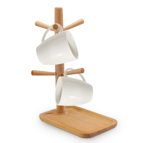 Wooden Coffee Mug Tree, Mug Holder with 6 Hooks and Storage Base, Coffee Mug Stand Organizer, Coffee Cup Tree Rack for Countertop Kitchen Bar