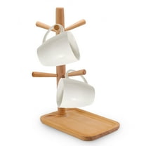 Wooden Coffee Mug Tree, Mug Holder with 6 Hooks and Storage Base, Coffee Mug Stand Organizer, Coffee Cup Tree Rack for Countertop Kitchen Bar