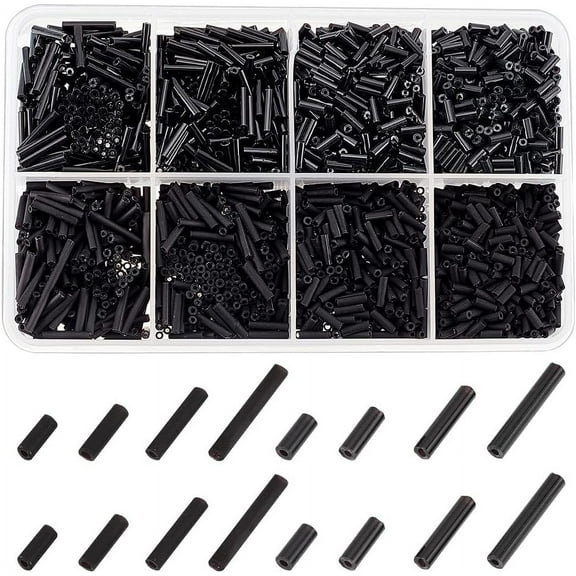 4 Sizes Glass Bugle Beads 1980 Pcs Opaque Frosted Black Charms Small Craft Beads with Hole Long Tube Seeds Beads for DIY Bracelet Necklaces Crafting Jewelry Making Black
