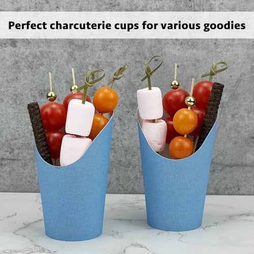 50 Charcuterie Cups + 200 Cocktail Picks + 56 Labels, 12 oz Disposable Charcuterie Cups with Sticks (2 Types), French Fry Cup Blue Paper Appetizer Cup for all Occasions (Blue)