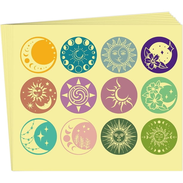 120 pegatinas redondas de luna de 2 pulgadas, autoadhesivas, con diseño de sol, luna, estrella, flor, sellos de certificado en relieve, decoración de medallas.