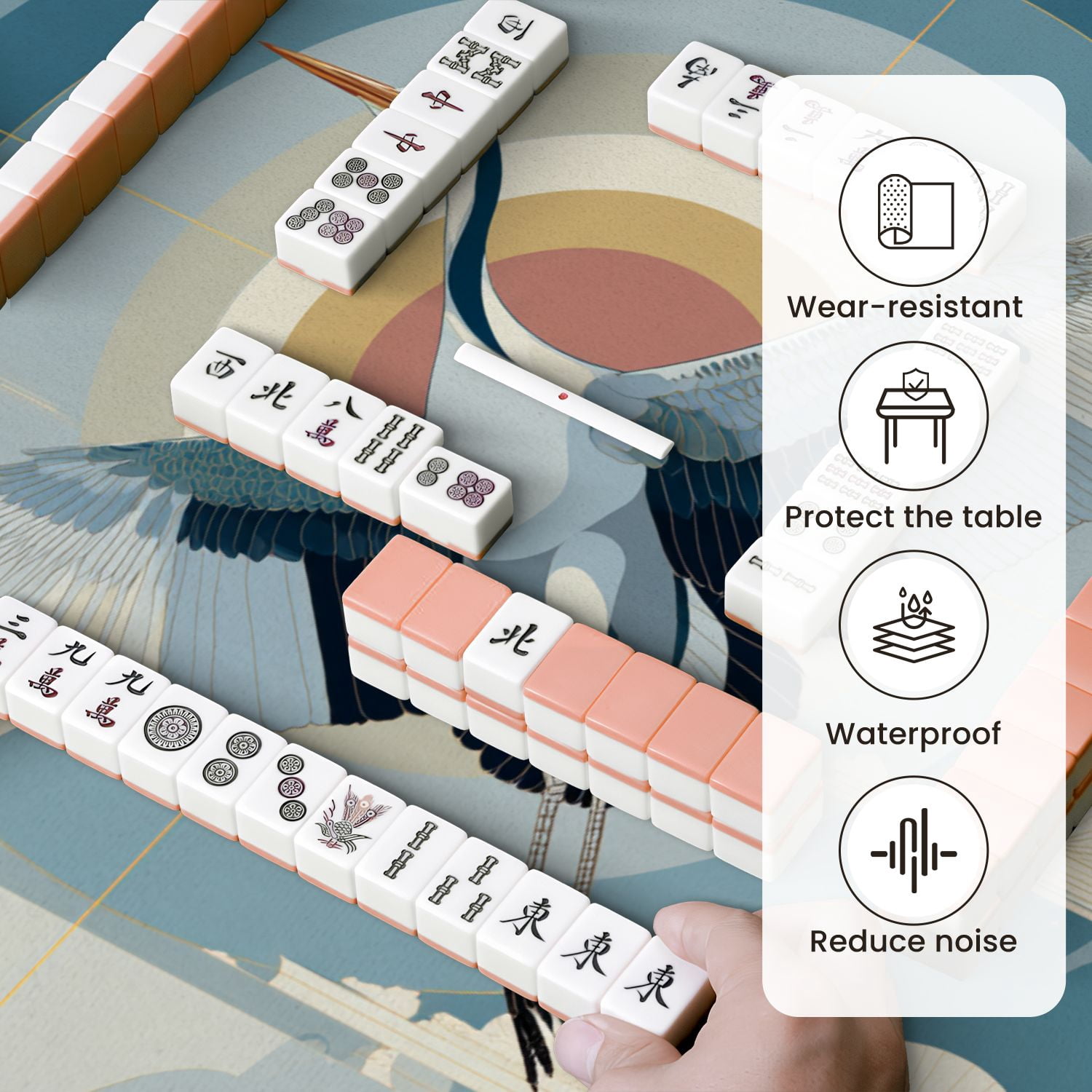 Chinoiserie Mahjong Mat 31.5" x 31.5" Uplifting Crane Amidst Circular Cloud Formations Non-Slip Noise Reduction Mahjong Tiles Table Cover for Dominoes Poker Card Board and Tile Games