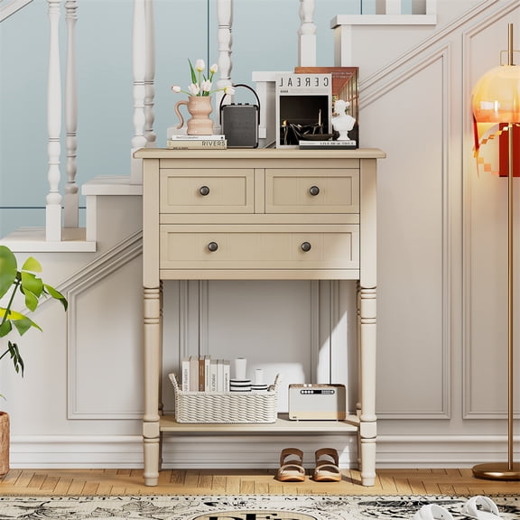 Narrow Console Table with Storage, Rectangular Entryway Table With 3 Drawers And Open Storage Shelf, 2-Tier Sofa Table For Living Room Hallway